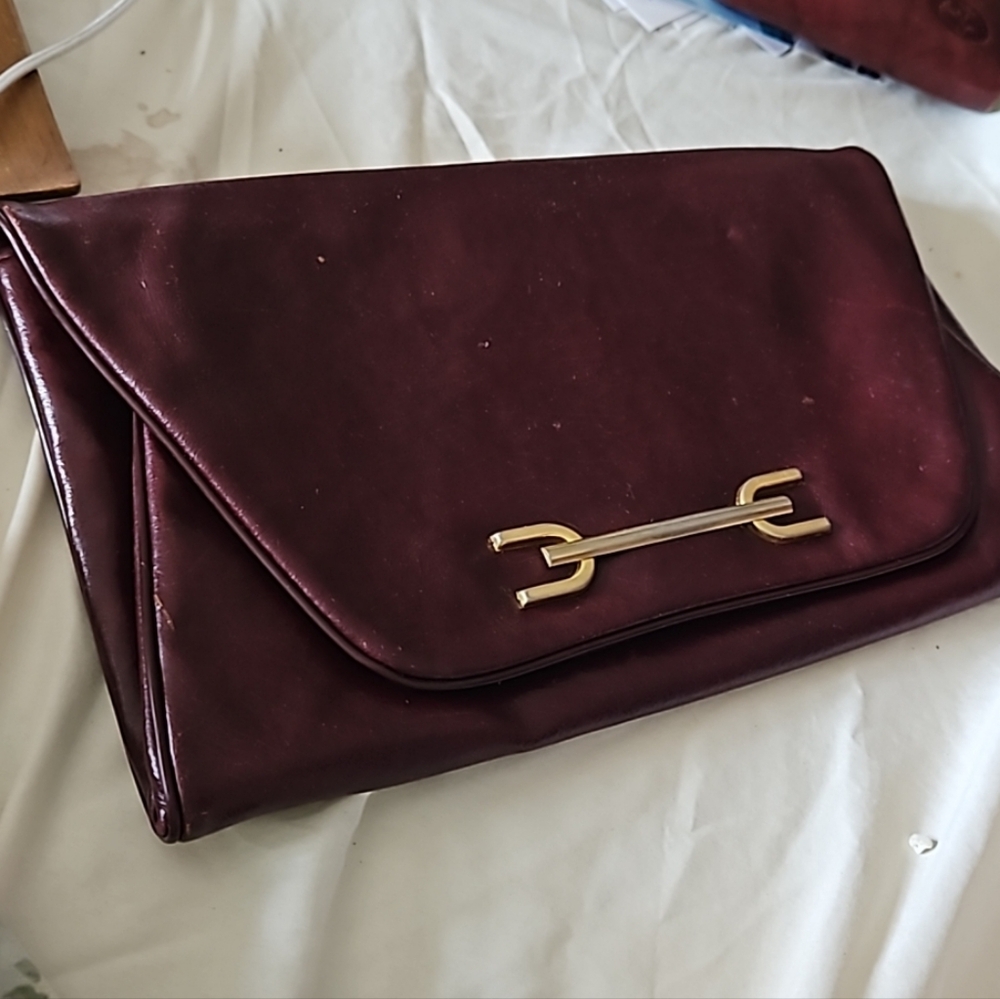 UNISEX Burgundy Red leather Foldover expandable clutch unisex Vtg Buckskin